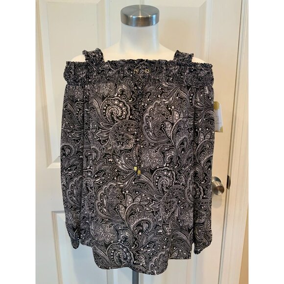 Michael Kors Black & White Paisley Cold Shoulder Shirt, Size Small, NWT! $110 - Picture 1 of 9